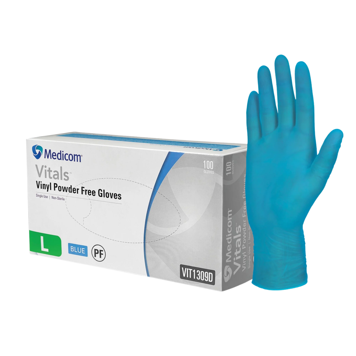 ถุงมือ Medicom Vitals Vinyl Blue ชนิดไม่มีแป้ง ขนาดใหญ่ 100 ชิ้น