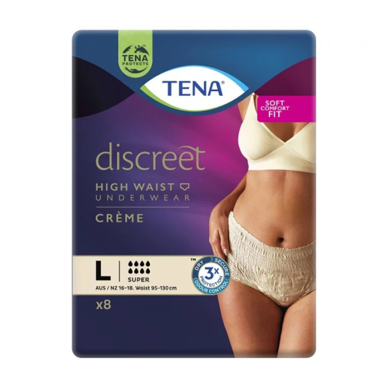 Tena Discreet Womens High Waist Underwear Creme Super Large 8 Pack
