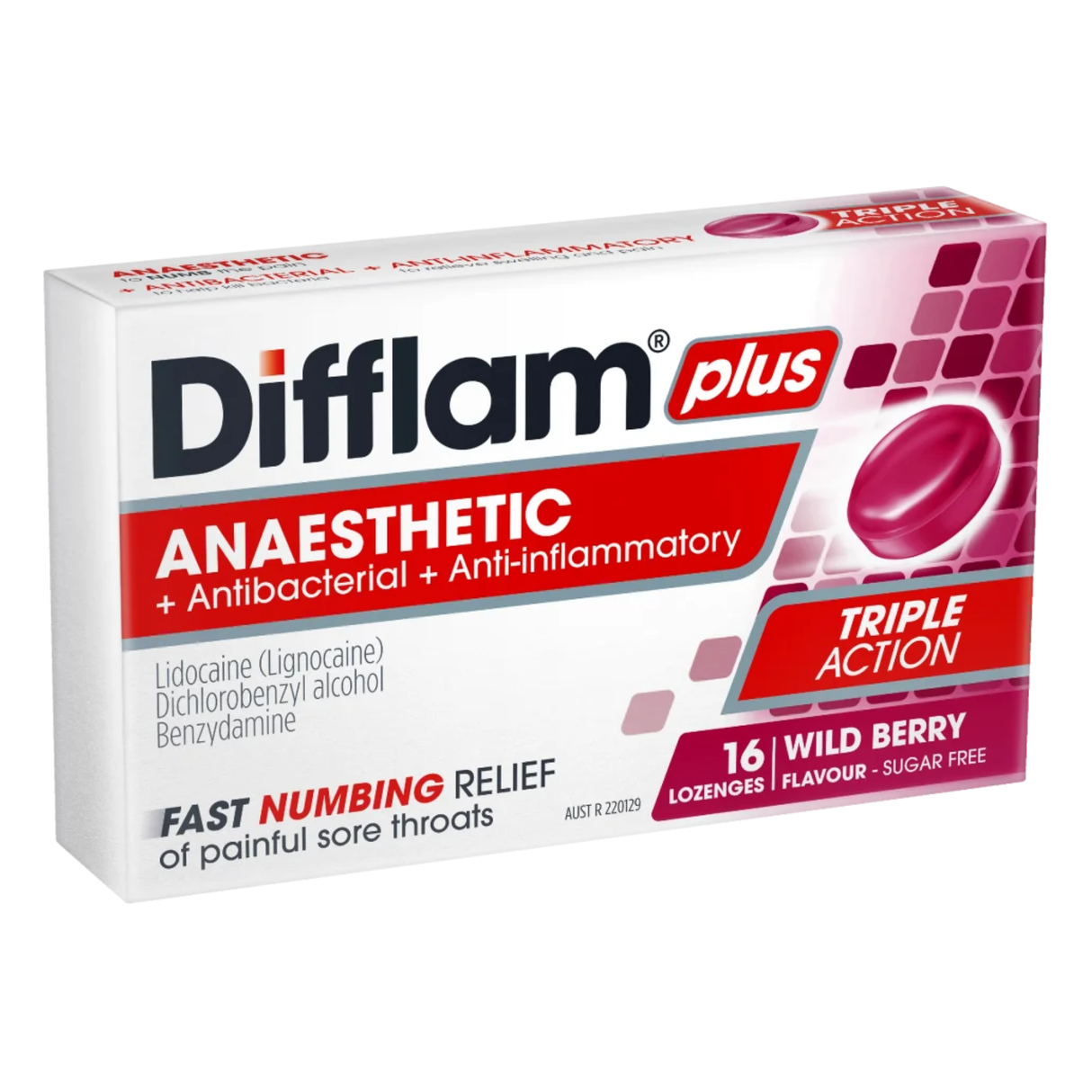 Difflam PLUS Anaesthetic Sore Throat Triple Action Wild Berry Flavour 16 Lozenges