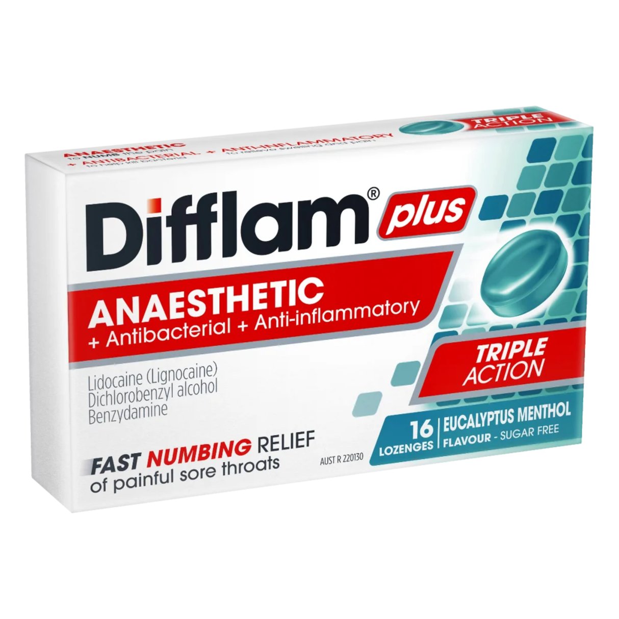 Difflam PLUS Anaesthetic Sore Throat Triple Action Eucalyptus Menthol 16 Lozenges