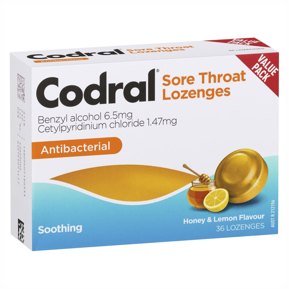 Codral Sore Throat Lozenges Antibacterial Honey & Lemon Flavour 36 Lozenges