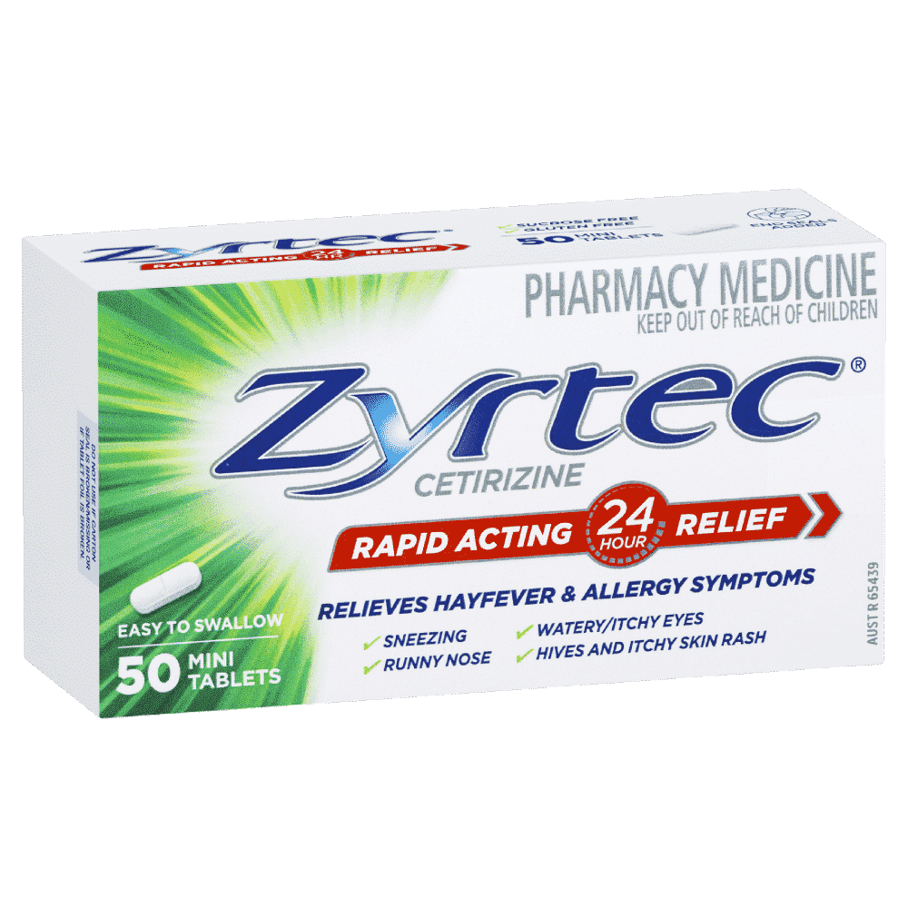 Zyrtec Cetirizine Rapid Acting 24 Hour Relief 50 Mini Tablets