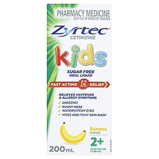 Zyrtec Cetirizine Kids Sugar Free Oral Liquid Banana Flavour 2+ Years 200ml