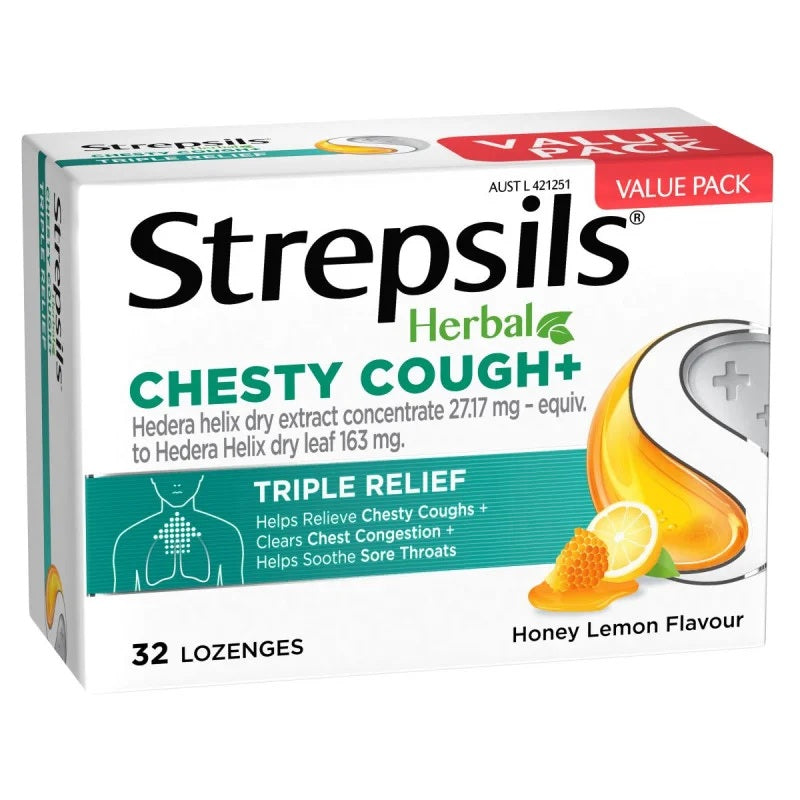 Strepsils Herbal Chesty Cough+ Honey & Lemon 32 Lozenges (EXP: 01/07/2026)