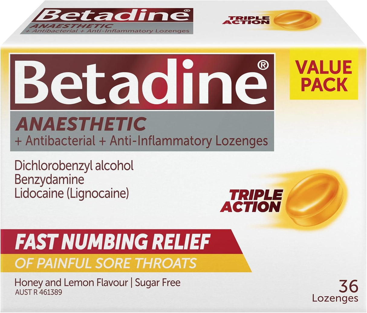 Betadine Anaesthetic Triple Action Fast Numbing Relief Lozenges 36 Pack Honey & Lemon
