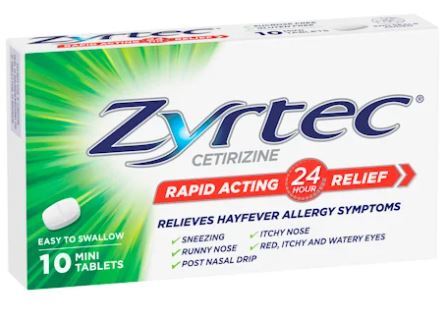 Zyrtec Cetirizine Rapid Acting 24 Hour Relief 10 Mini Tablets
