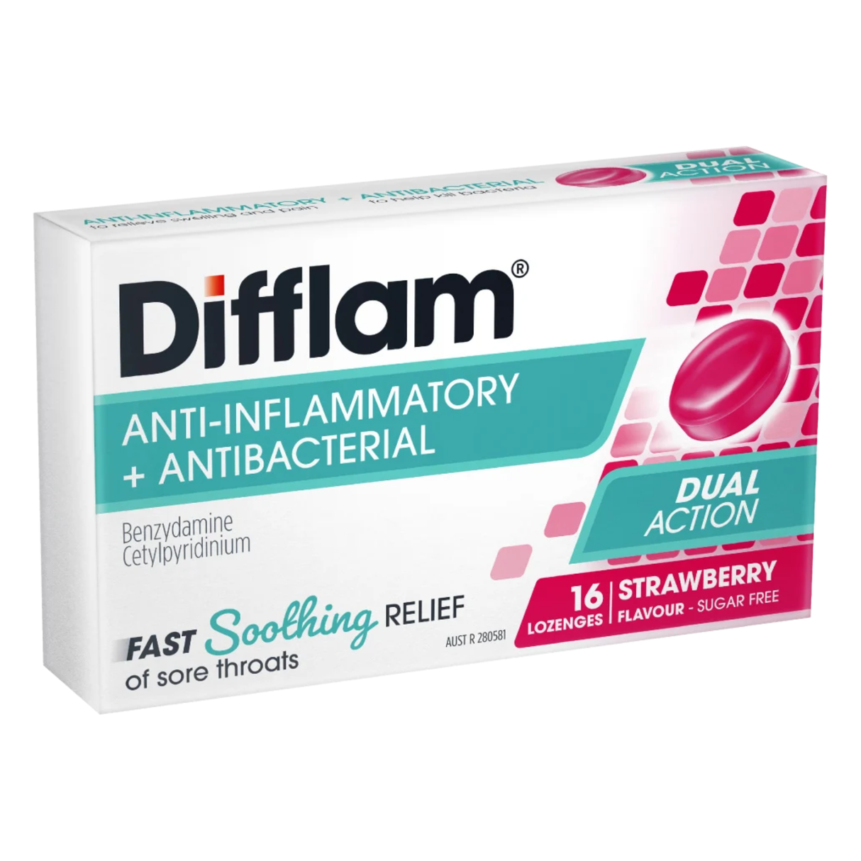 Difflam Anti-Inflammatory + Antibacterial Strawberry 16 Lozenges