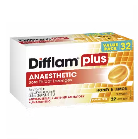 Difflam Plus Anaesthetic Sore Throat Triple Action Lozenges Honey Lemon Flavour Value Pack 32 Lozenges