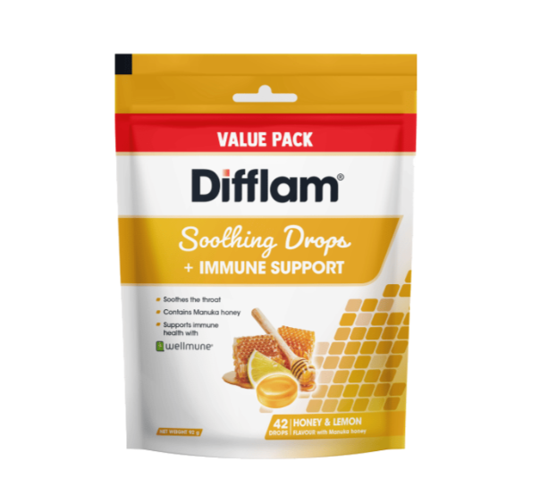 Difflam Soothing Throat Drops + Immune Support Honey & Lemon Flavour Value Pack 42 Drops