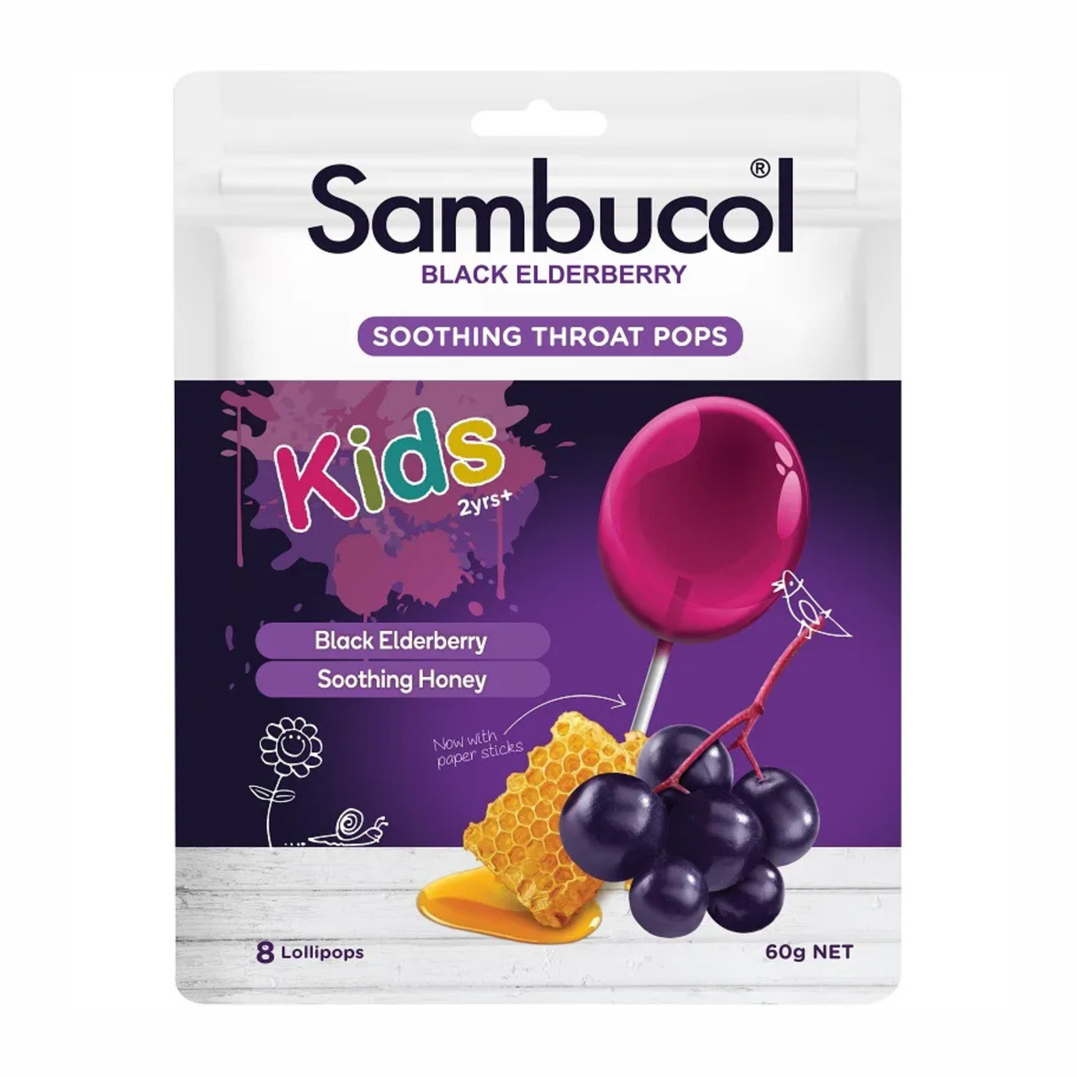 Sambucol Black Elderberry Soothing Throat Pops Kids 2yrs+ 8 Lollipops