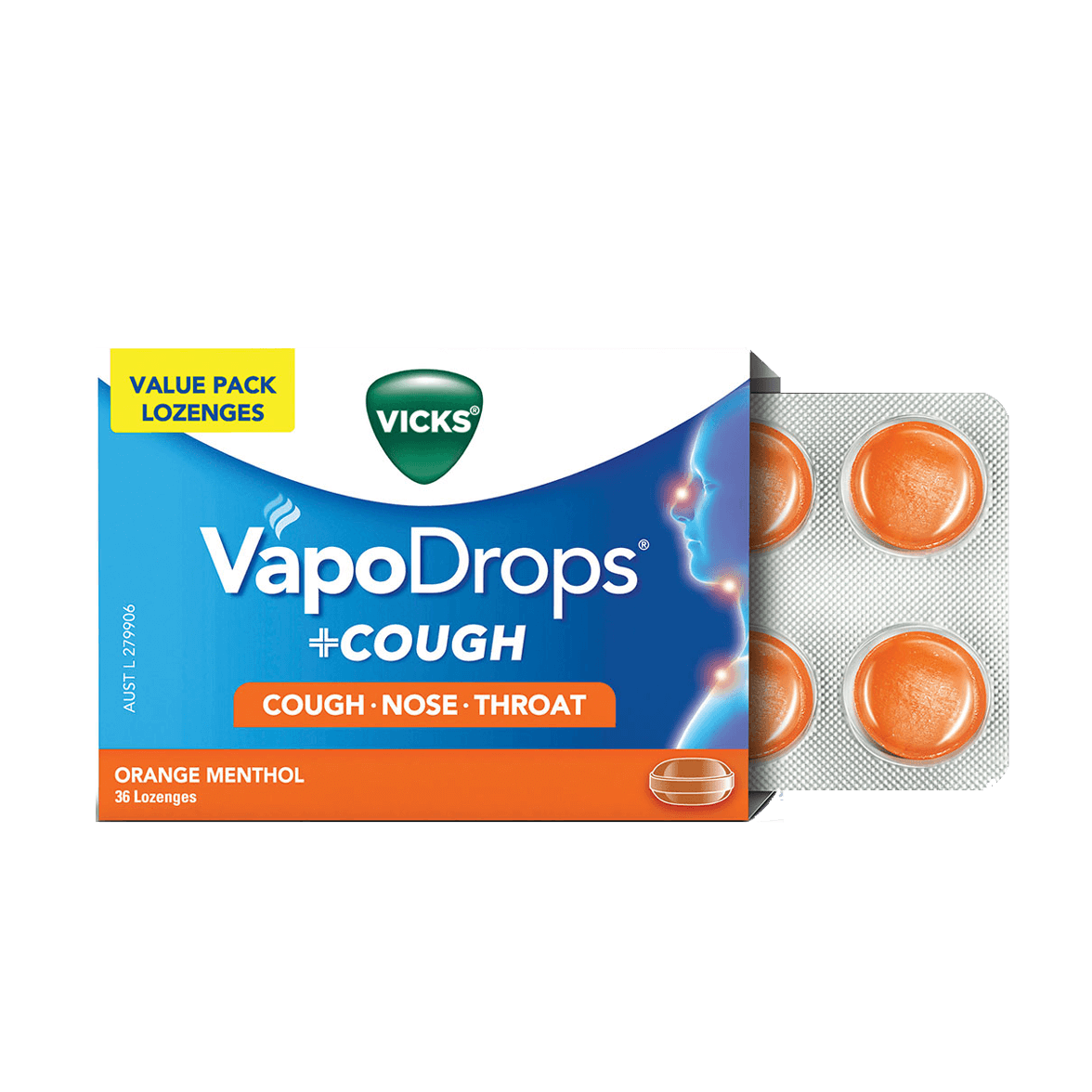 Vicks VapoDrops + Cough Orange Menthol 36 Lozenges