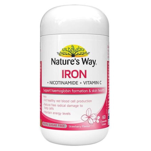 Nature's Way Iron + Nicotinamide + Vitamin C Strawberry Flavour 60 Tablets